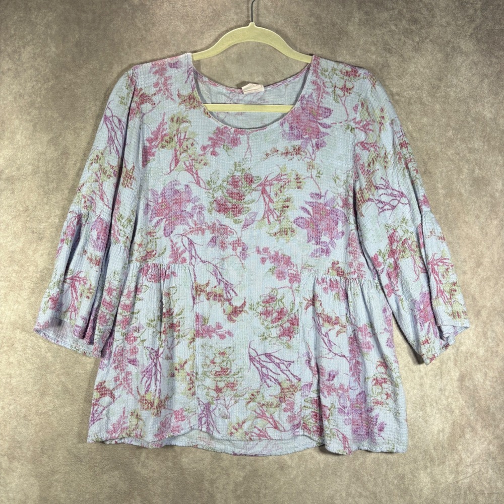 CMC Color Me Cotton Top M Blue Pink Floral Gauze Peplum Bell Sleeve Boho USA